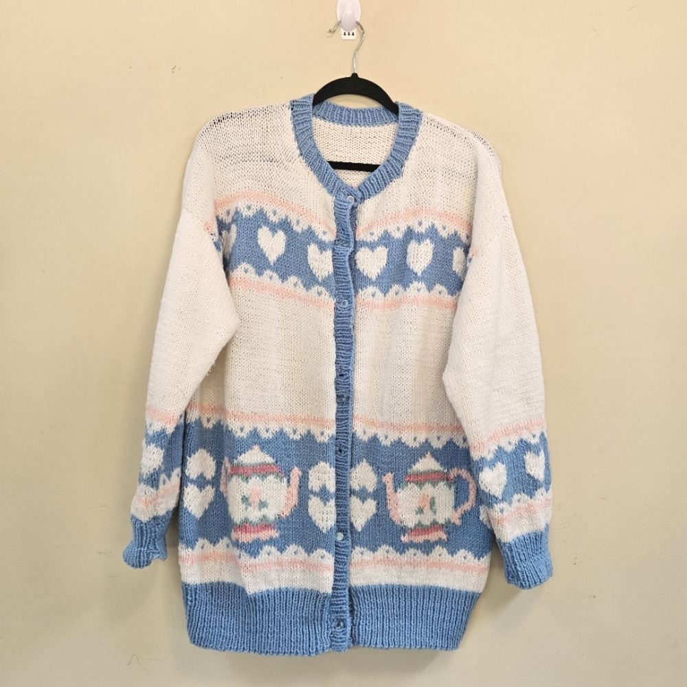 Vintage Handmade Blue and Cream Heart Pattern Sweater Cardigan With Tea Pots